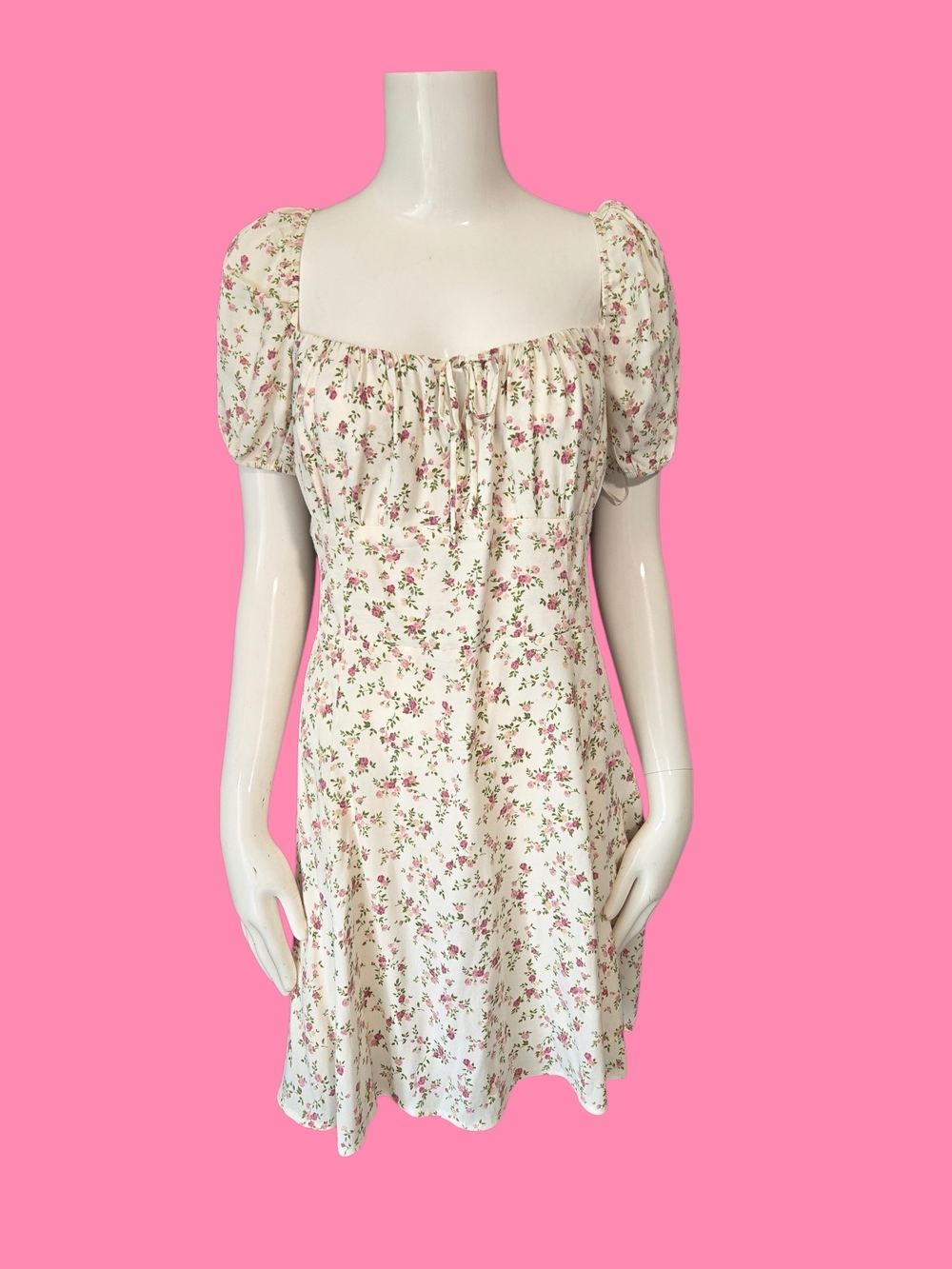 Reformation Cream Floral Puff Sleeve Mini Dress with Pink Roses